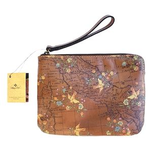 NWT Patricia Nash Cassini Wristlet Floral Map pattern Brown Leather w/strap